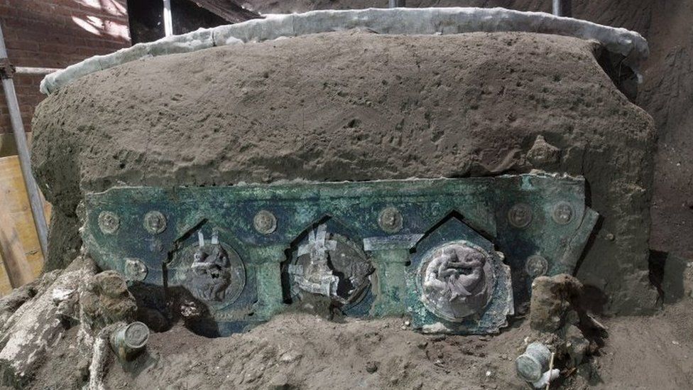 An undated handout photo made available by the Press Office of the Archaeological Park of Pompeii shows a detail of what scientists presume to be a Pilentum, a four-wheeled ceremonial chariot