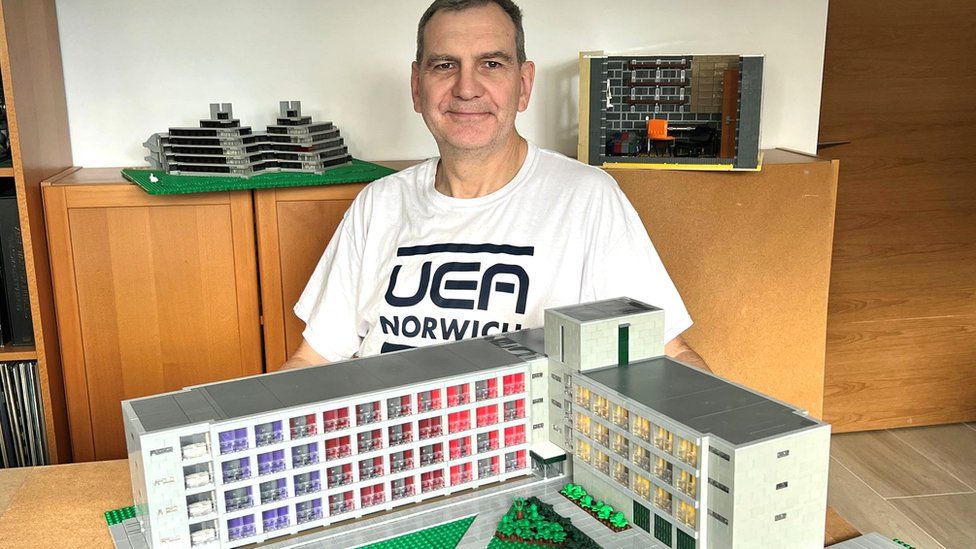 Mark Hodgson with his UEA buildings made in Lego