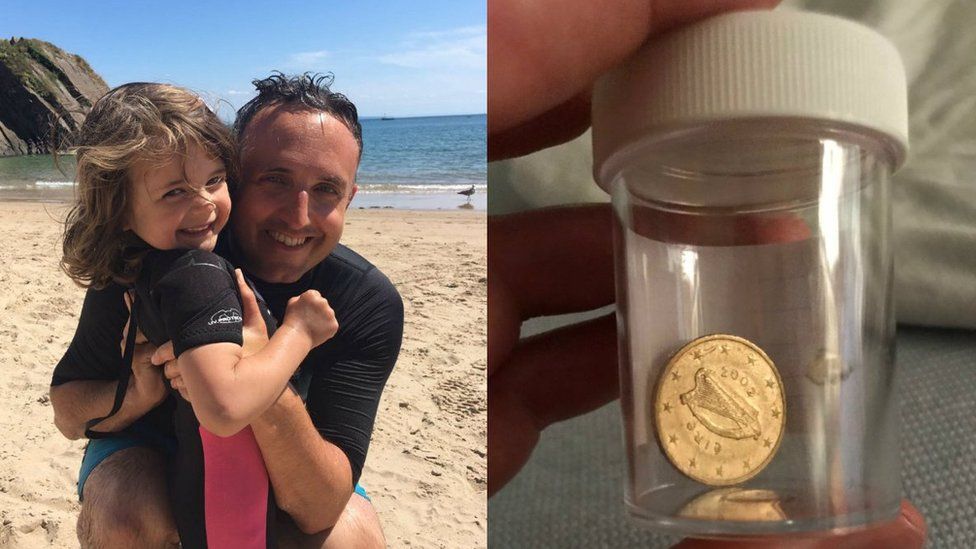 Alex Cole-Hamilton with daughter (left pic) and coin (right pic)