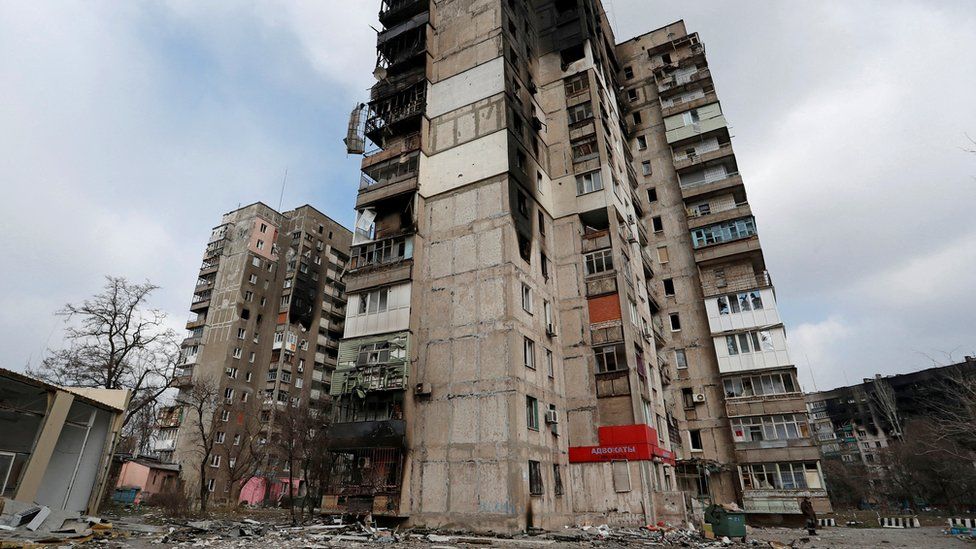 A residential building destroyed by fighting in Mariupol