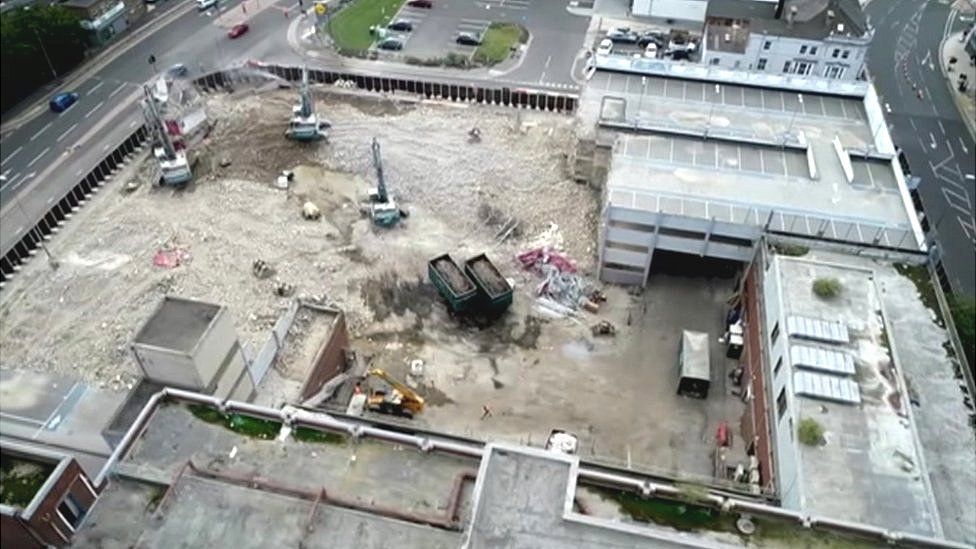 Ariel view of construction site, showing where Castlegate shopping centre once stood