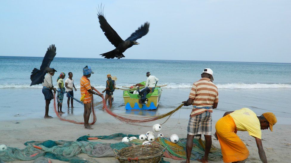 Fishermen load their boat with nets