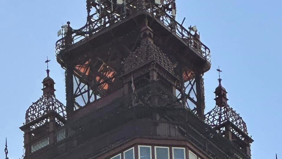 Orange netting mistake for flames at top of Blackpool Tower