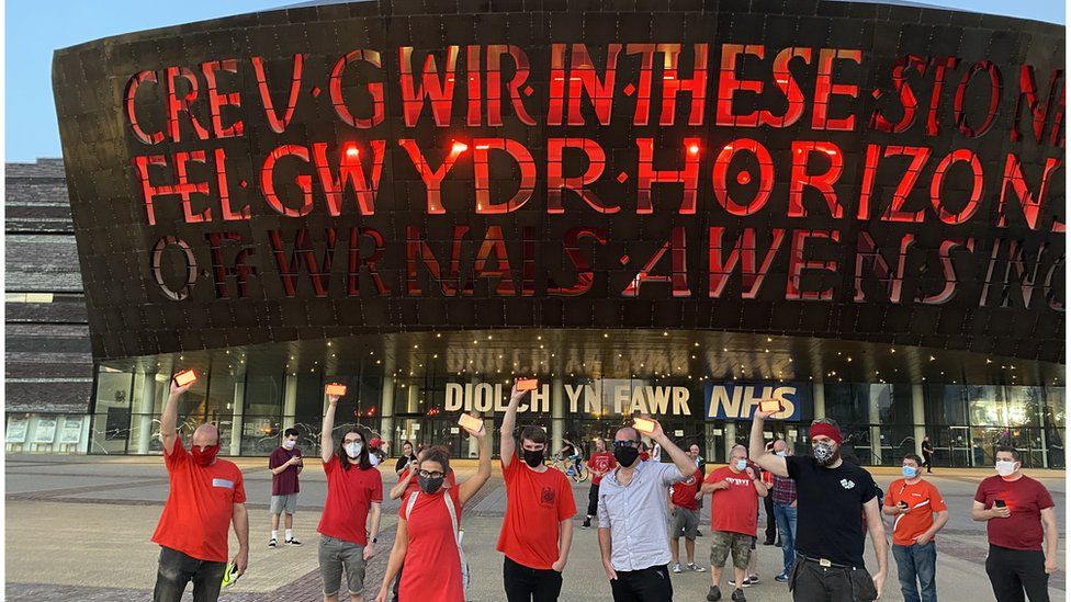 Protestors gathered outside the Wales Millennium Centre on Tuesday night