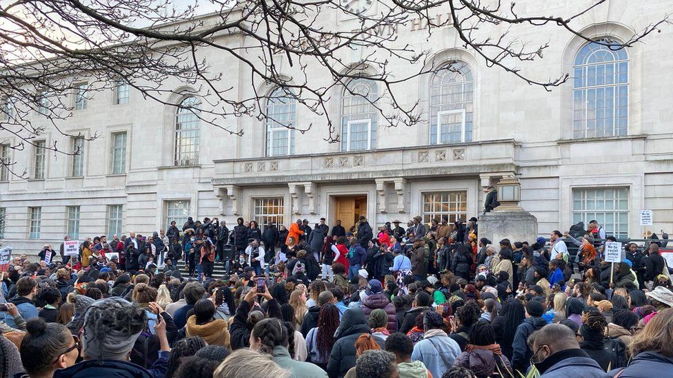 Crowds gathered outside Hackney town hall