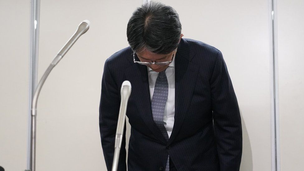 Koji Sato, president of Toyota Motor, apologises during a news conference in January, 2024.
