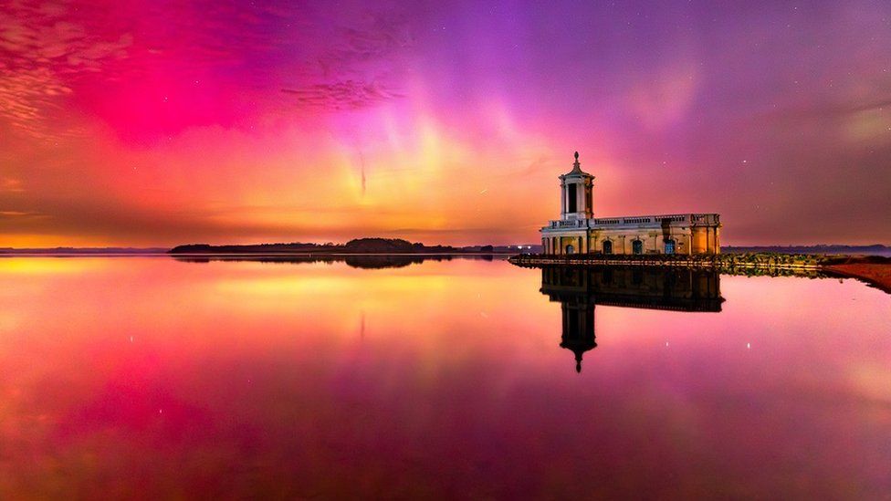 A view of the Northern Lights at Rutland Water next to Normanton Church