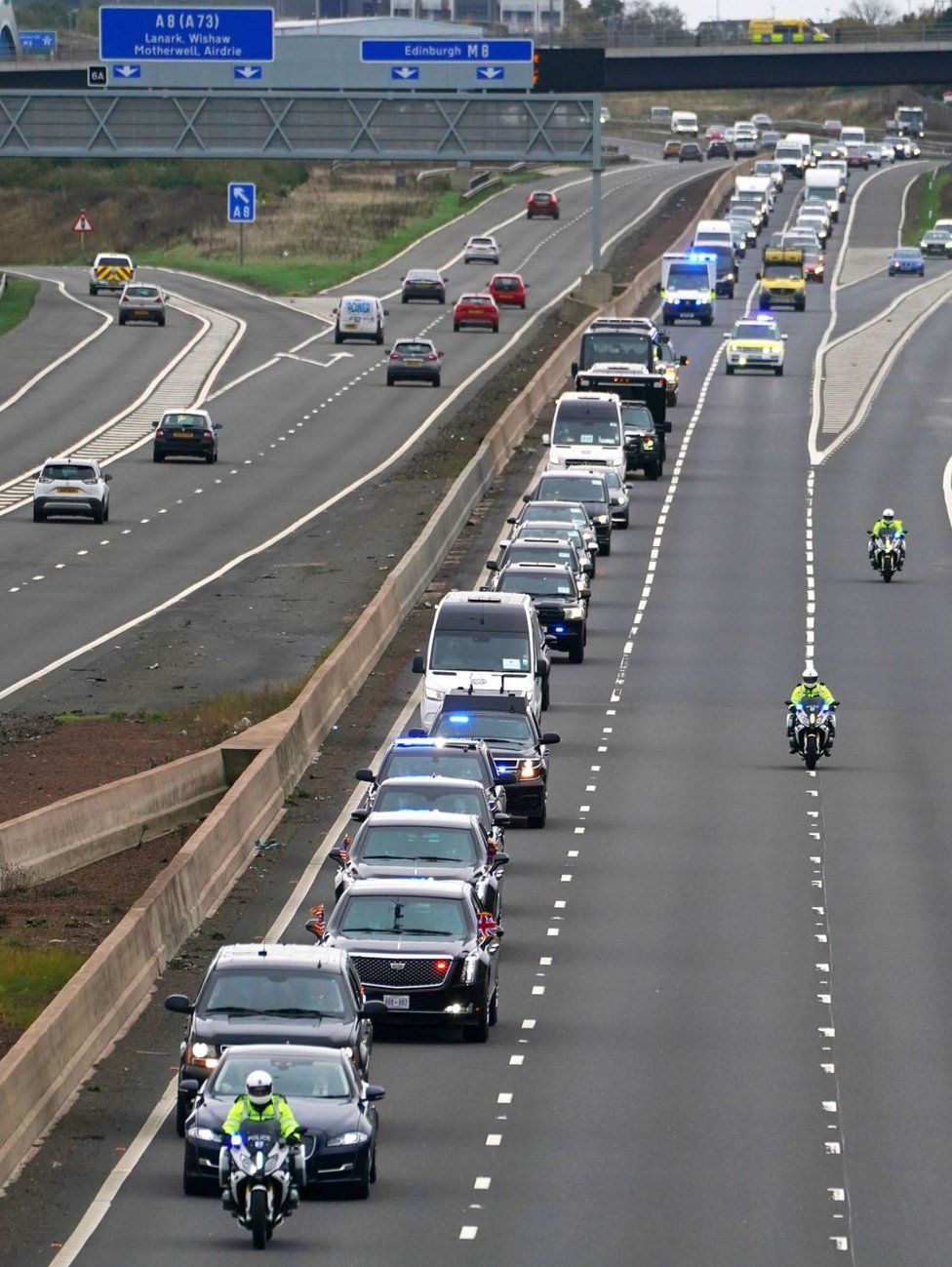 The motorcade of U.S. President Joe Biden heads along the M8 motorway towards the Cop26 summit