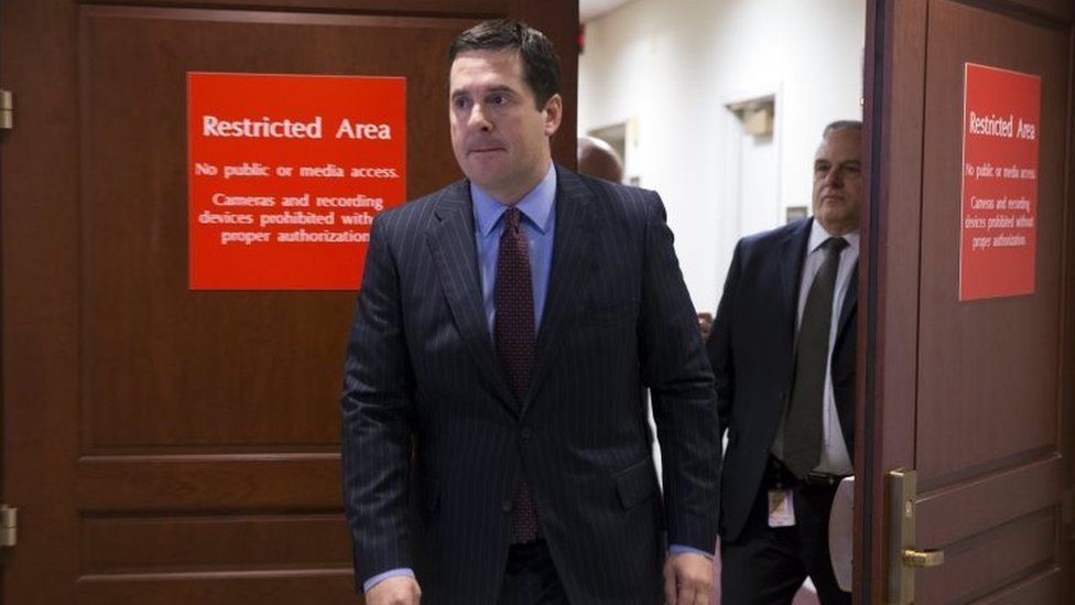 Chairman of the House Permanent Select Committee on Intelligence Devin Nunes walks out of a restricted area to a news conference on Capitol Hill in Washington.