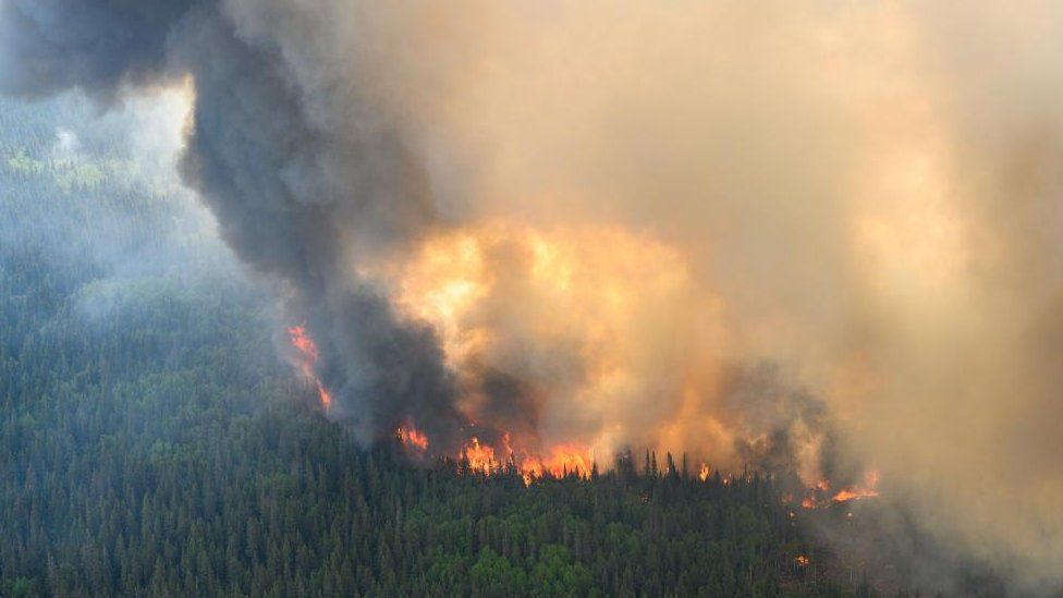 Пламя тянется вверх по краю лесного пожара, как видно с вертолета канадских вооруженных сил, обследующего территорию недалеко от Мистиссини, Квебек, Канада, 12 июня 2023 г.