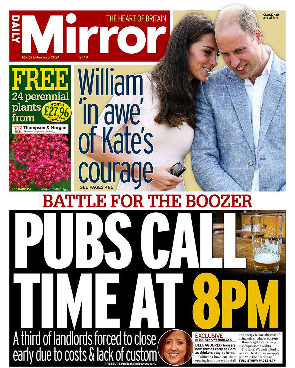 《每日镜报》头版的标题是： "酒吧打电话时间是晚上8点"