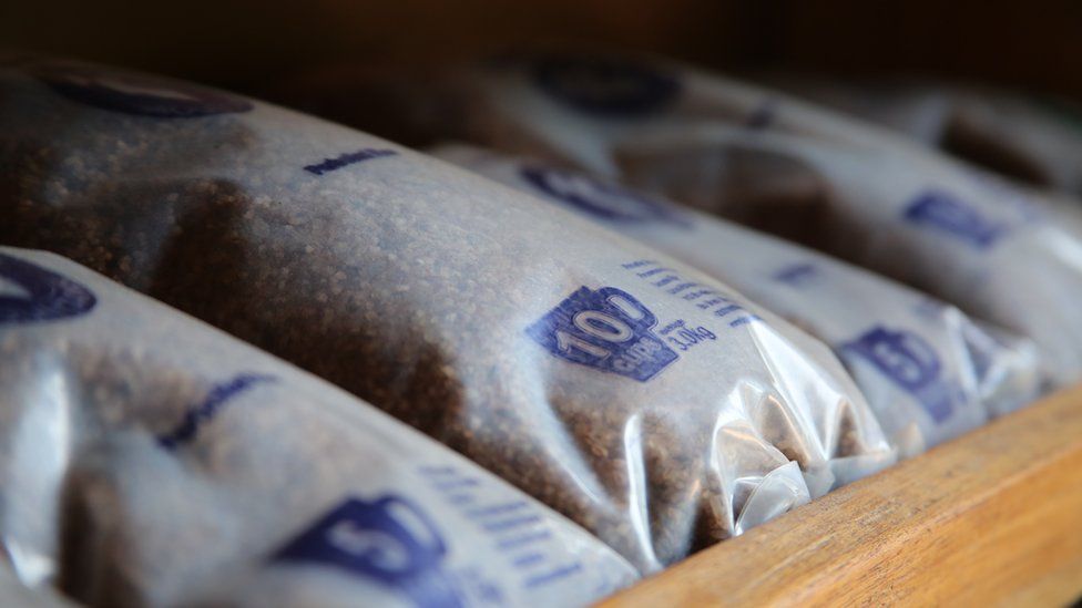 Bags of Lion Mountain rice from mill