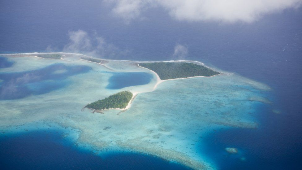 Aerial view of an atoll in the Marshall Islands