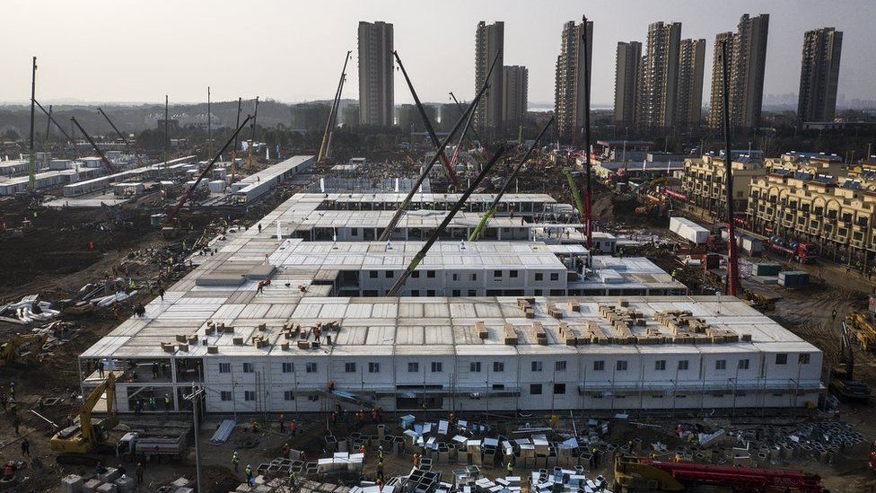 An aerial view of construction at Huoshenshan hospital