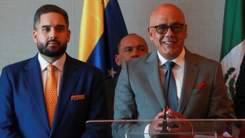 Jorge Rodriguez, President of Venezuela's National Assembly and Head of Nicolas Maduro's negotiating team, along with Nicolas Maduro Guerra, son of Venezuela's President