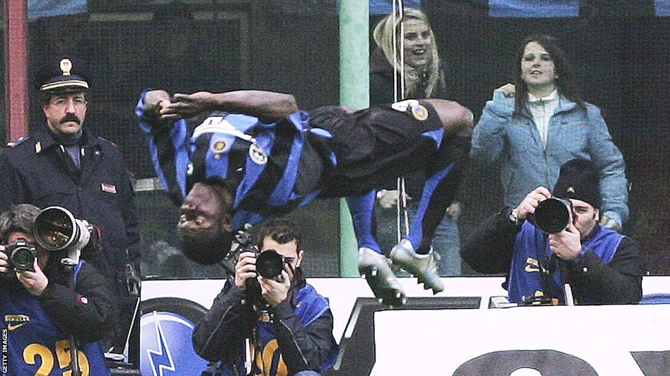Obafemi Martins of Inter in mid-air tumbling