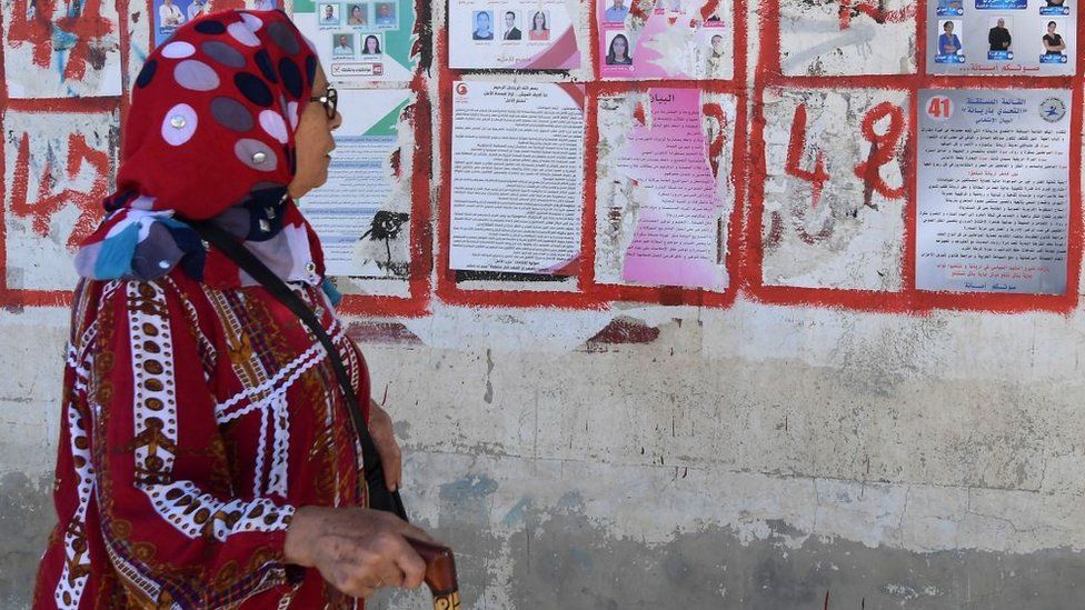 Женщина проходит мимо плакатов предвыборной кампании Туниса