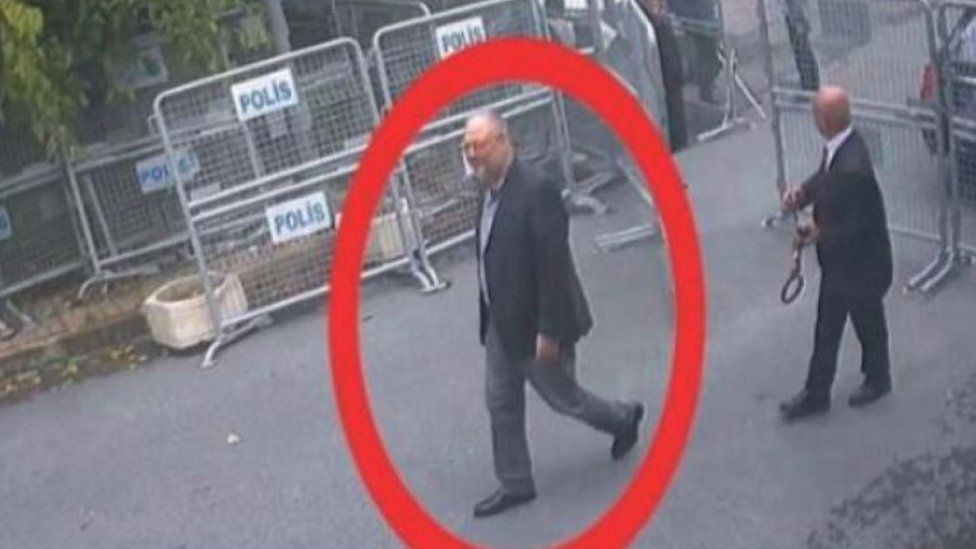 A still image taken from CCTV video and obtained by TRT World claims to show Saudi journalist Jamal Khashoggi, highlighted in a red circle by the source, as he arrives at the Saudi Arabian consulate in Istanbul, Turkey on 2 October 2018