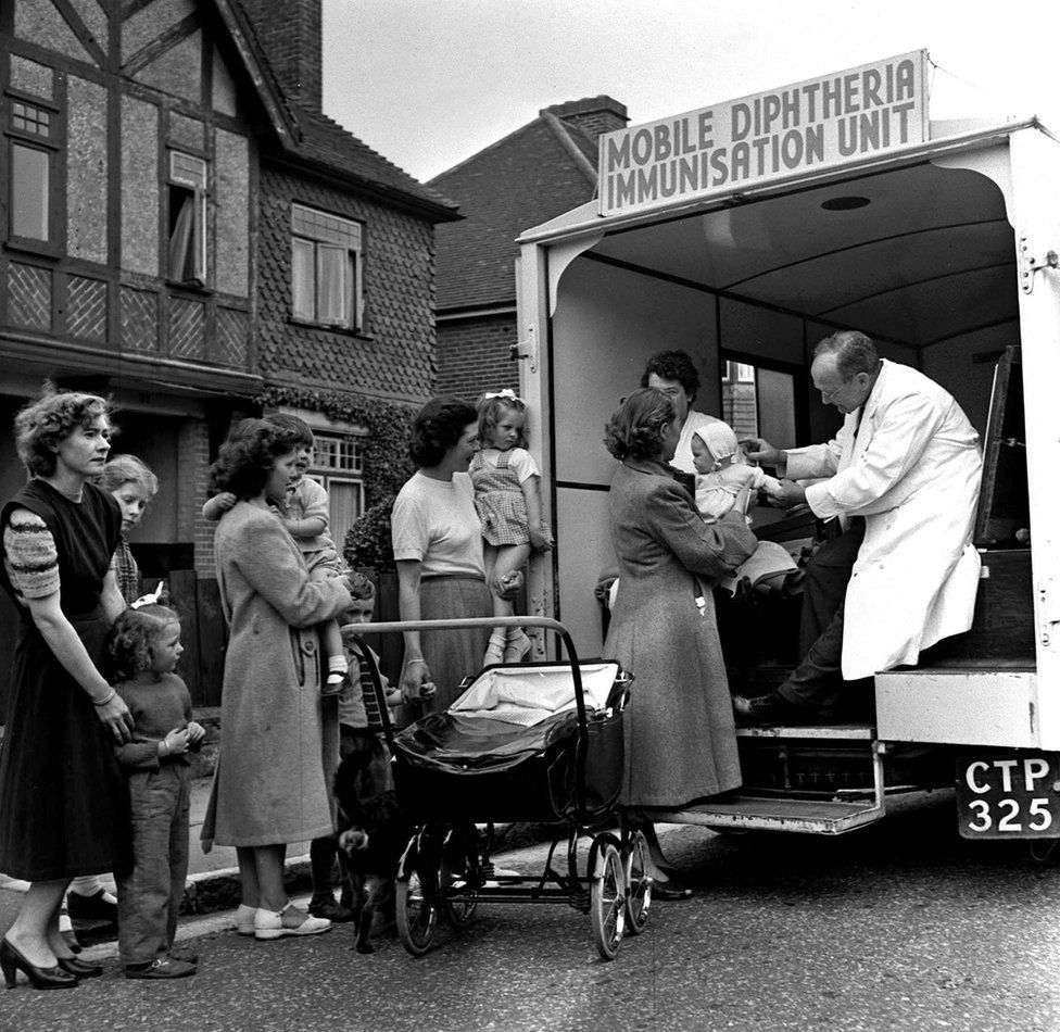 An NHS mobile diptheria immunization van seen at work in Portsmouth in 1950