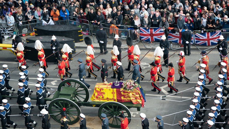 Queen's funeral cortege borne on the State Gun Carriage of the Royal Navy