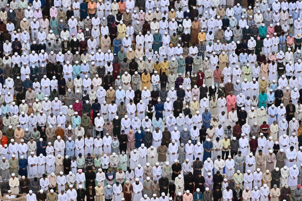 : Muslim offer their namaaz on ocassion of Eid Ul Fitr at YMCA Ground, Bombay Central on April 11, 2024 in Mumbai, India. (Photo by Anshuman Poyrekar/Hindustan Times via Getty Images)