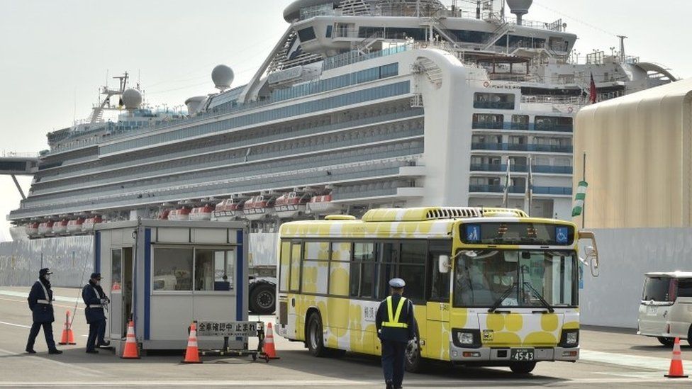 A bus carrying passengers who disembarked from the Diamond Princess cruise ship in Yokohama, Japan. Photo: 20 February 2020