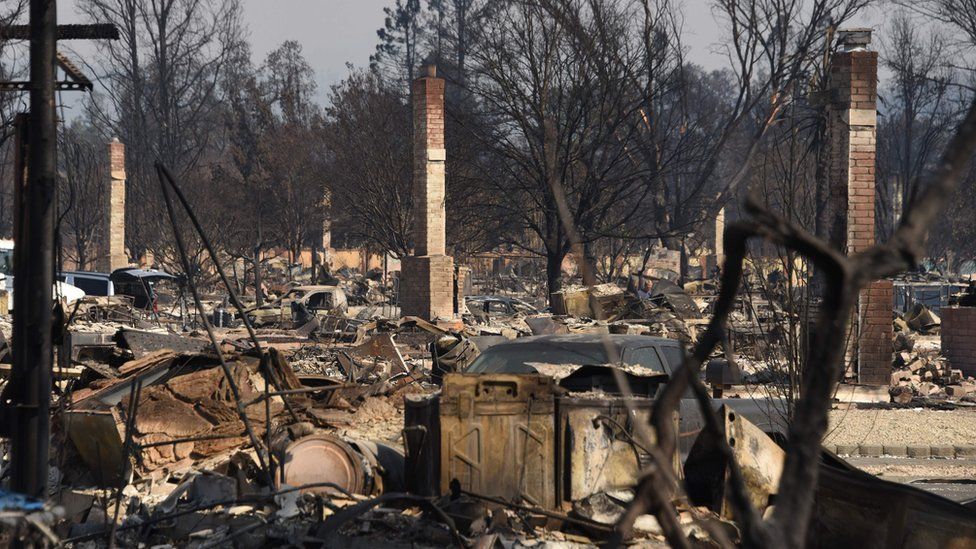 Only chimneys remain standing in the fire-ravaged Coffey Park neighbourhood in Santa Rosa, California. October 12, 2017