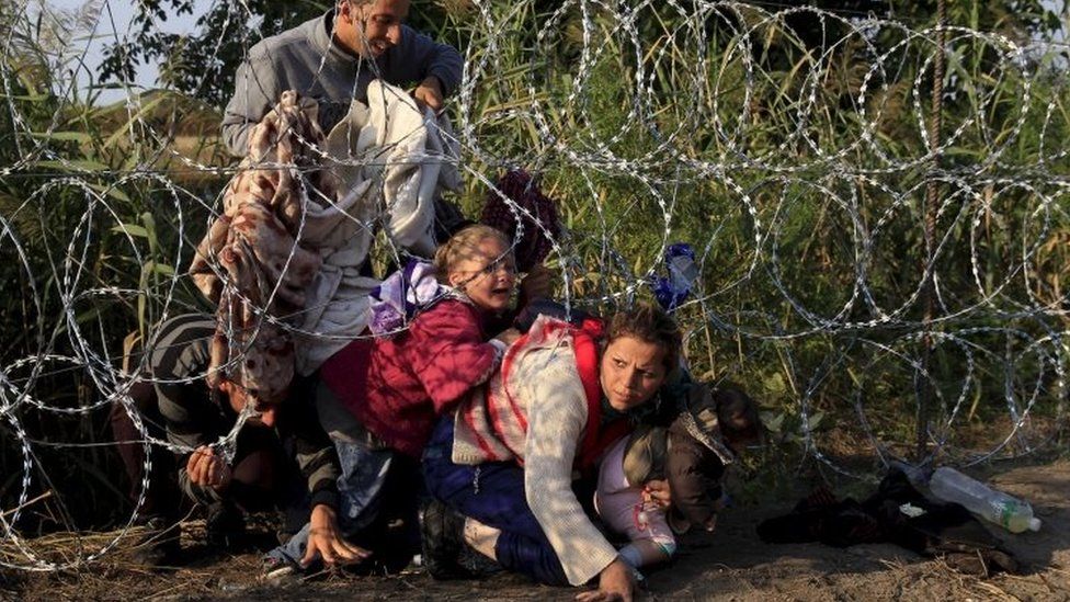 Syrian migrants cross under a razor-wire fence into Hungary at the border with Serbia, near Roszke. Photo: August 2015