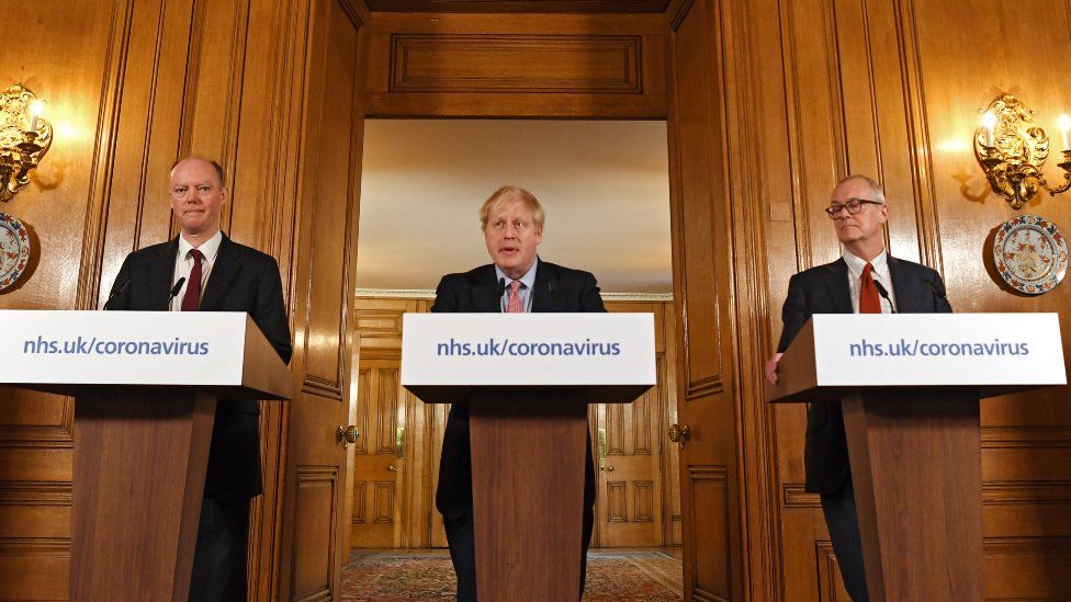 Boris Johnson, Patrick Vallance and Chris Whitty at a news conference