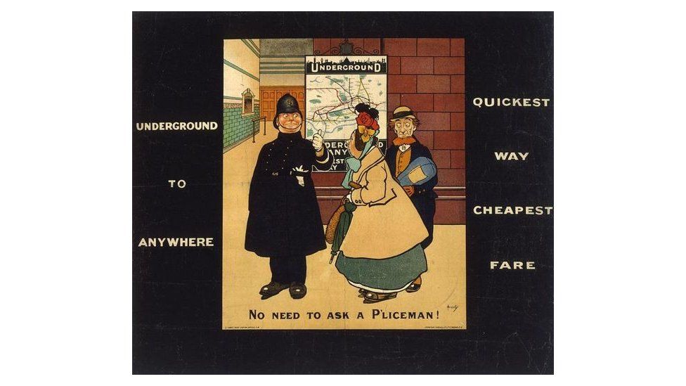 A poster depicting a policeman and two women