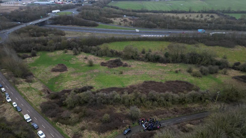 Aerial view of Save Rothwell Green Space Protest Feb 17 2024