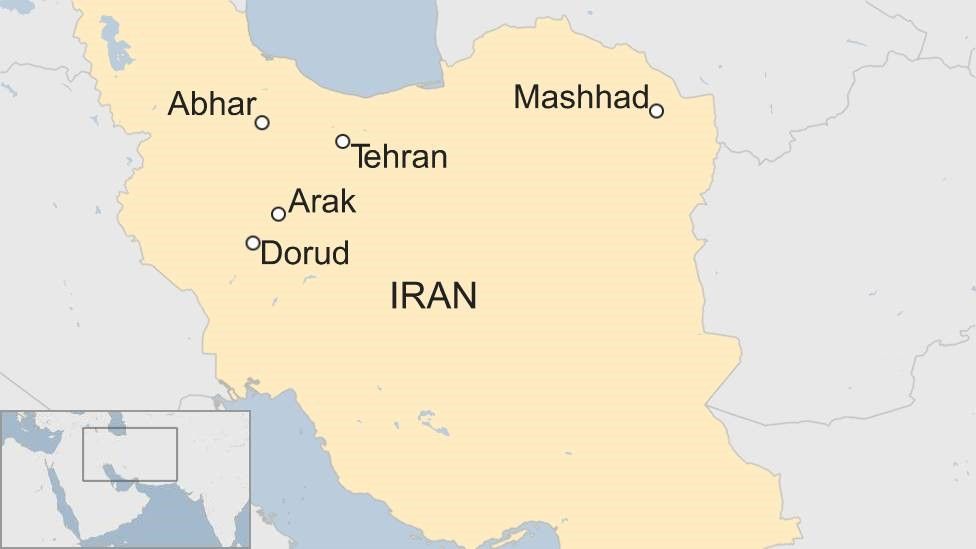 Map of Iran showing cities where protests are occurring