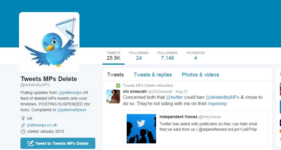 The "Tweets MPs Delete" account, the UK version of Politwoops, was one of 31 accounts whose functionality was disabled by Twitter.