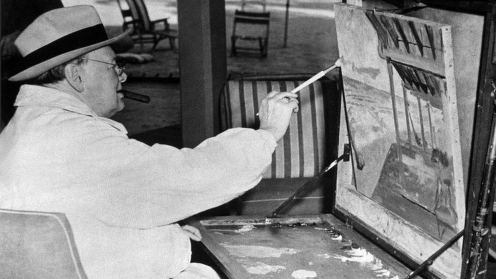 Churchill painting a beach scene from the Surf Club in Miami, Florida