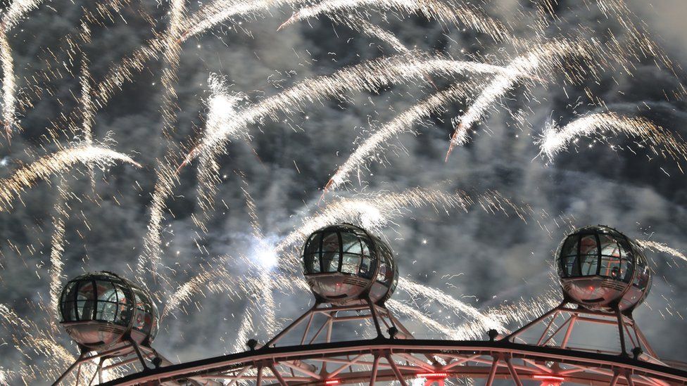 Fireworks next to the London Eye