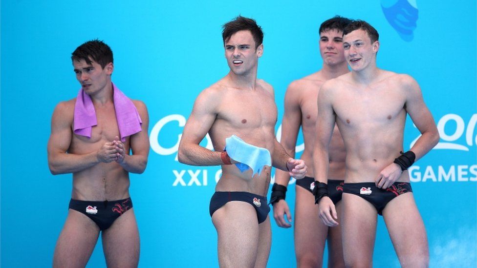 England's Daniel Goodfellow (left to right), Tom Daley, Matthew Dixon and Noah Williams after their final dive in the Men's Synchronised 10m Platform Final at the Optus Aquatic Centre during day nine of the 2018 Commonwealth Games in the Gold Coast, Australia.