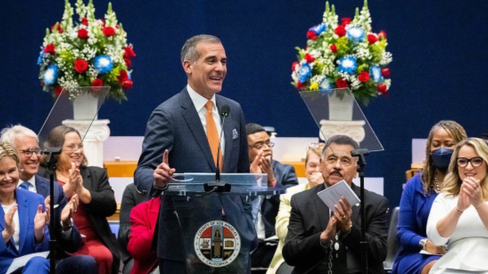 Mayor Eric Garcetti speaks at Los Angeles County Supervisor Lindsey Horvaths swearing in ceremony in December 2022 in Los Angeles