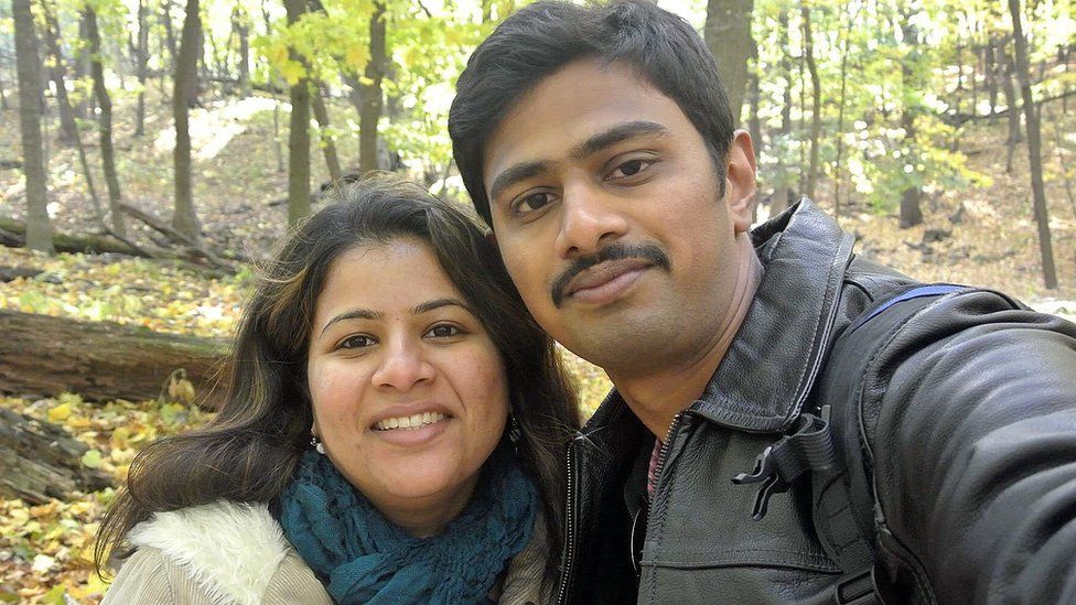Srinivas Kuchibhotla, right, poses for photo with his wife Sunayana Dumala in Cedar Rapids, Iowa