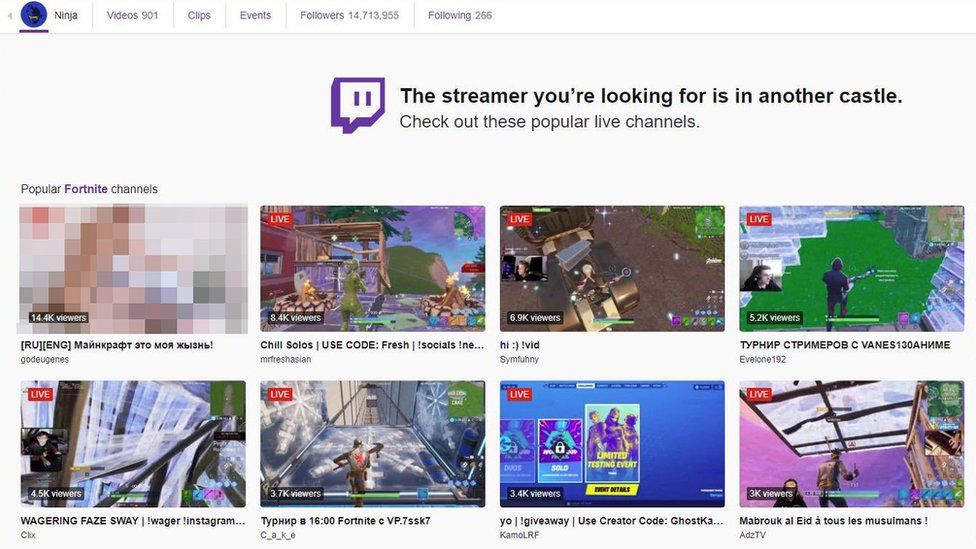 Screenshot of Ninja's Twitch page. It says "The streamer you're looking for is in another castle, check out these popular live channels". The top live channel is pornographic.