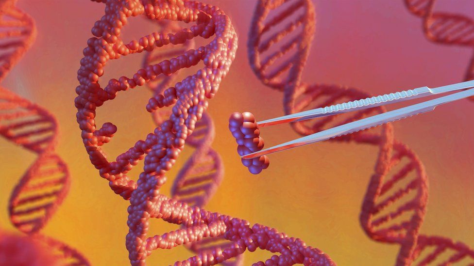 the double helix of DNA with a scientist's tweezers shown