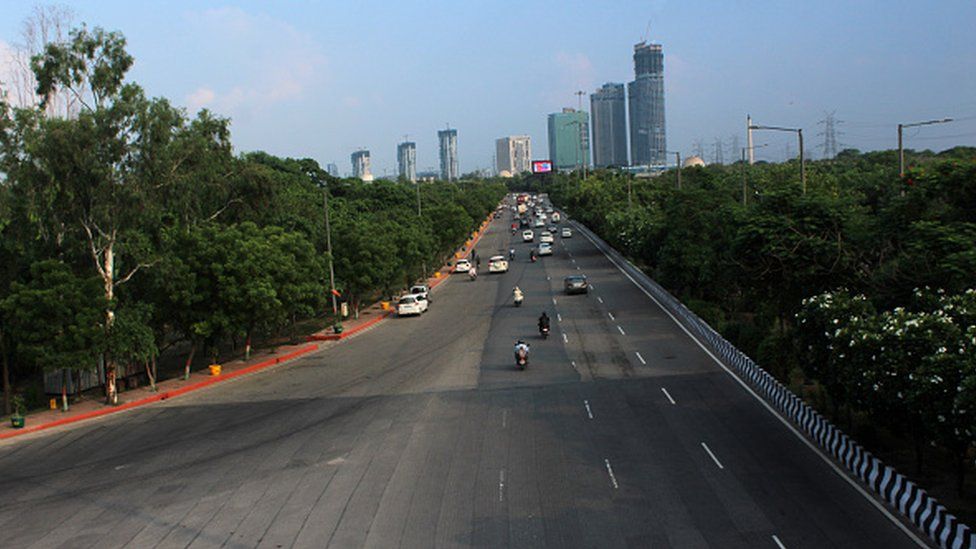 A deserted view of the Dadri Main Road, Sector 18 during a weekend lockdown imposed by the state government to curb the spread of the coronavirus, on August 8, 2020 in Noida, India.