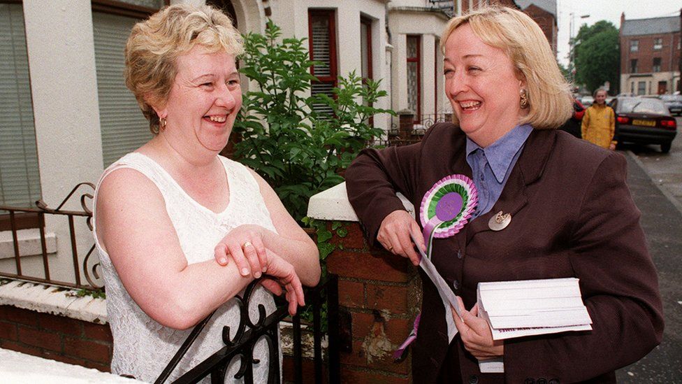 Monica McWilliams campaigning in south Belfast ahead of the 1998 assembly election