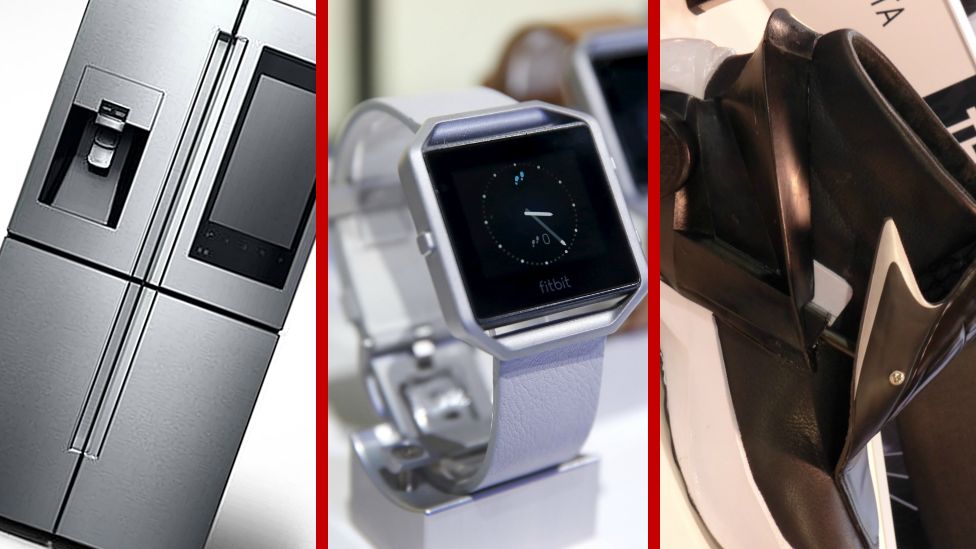 Collection of smart devices: fridge, watch and shoe