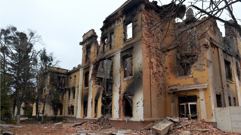 A destroyed school close to the centre of Ukraine's second-largest city Kharkiv