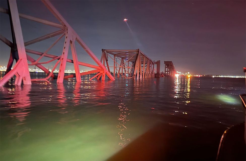 A view of the collapsed Francis Scott Key Bridge in Baltimore, Maryland, US, on 26 March 2024
