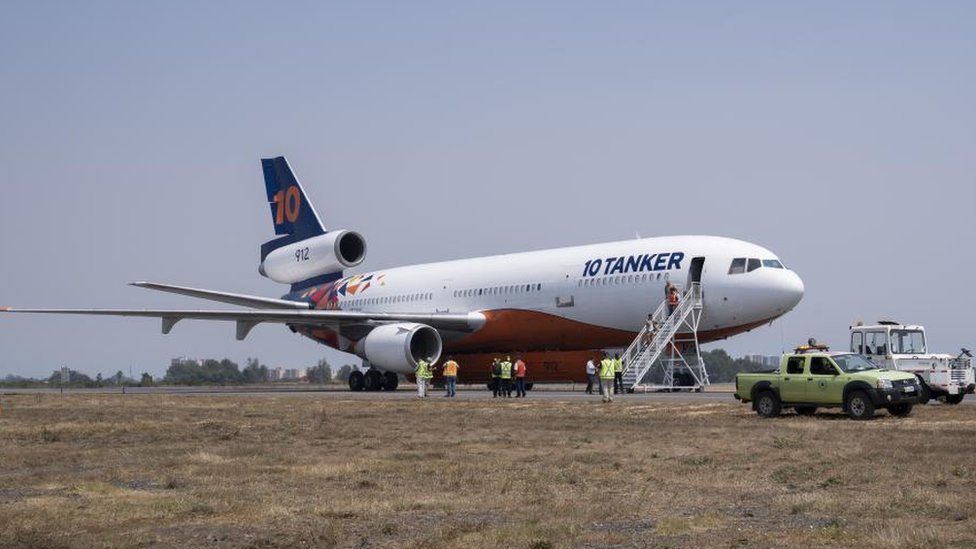 The US Ten Tanker aircraft at the Carriel Sur Airport in Talcahuano, in the Bio Bio region, Chile, 06 February 2023.