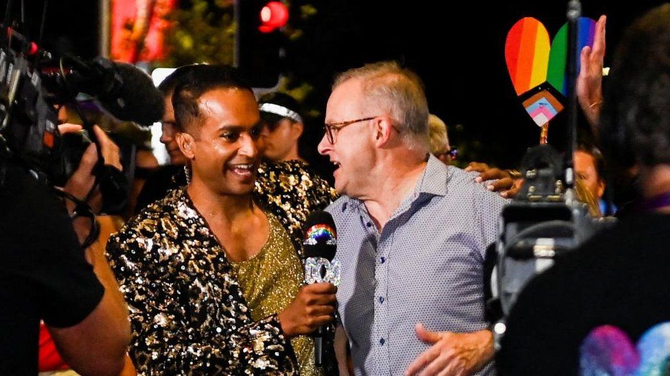 Anthony Albanese getting interviewed at the annual Sydney Gay and Lesbian Mardi Gras Parade