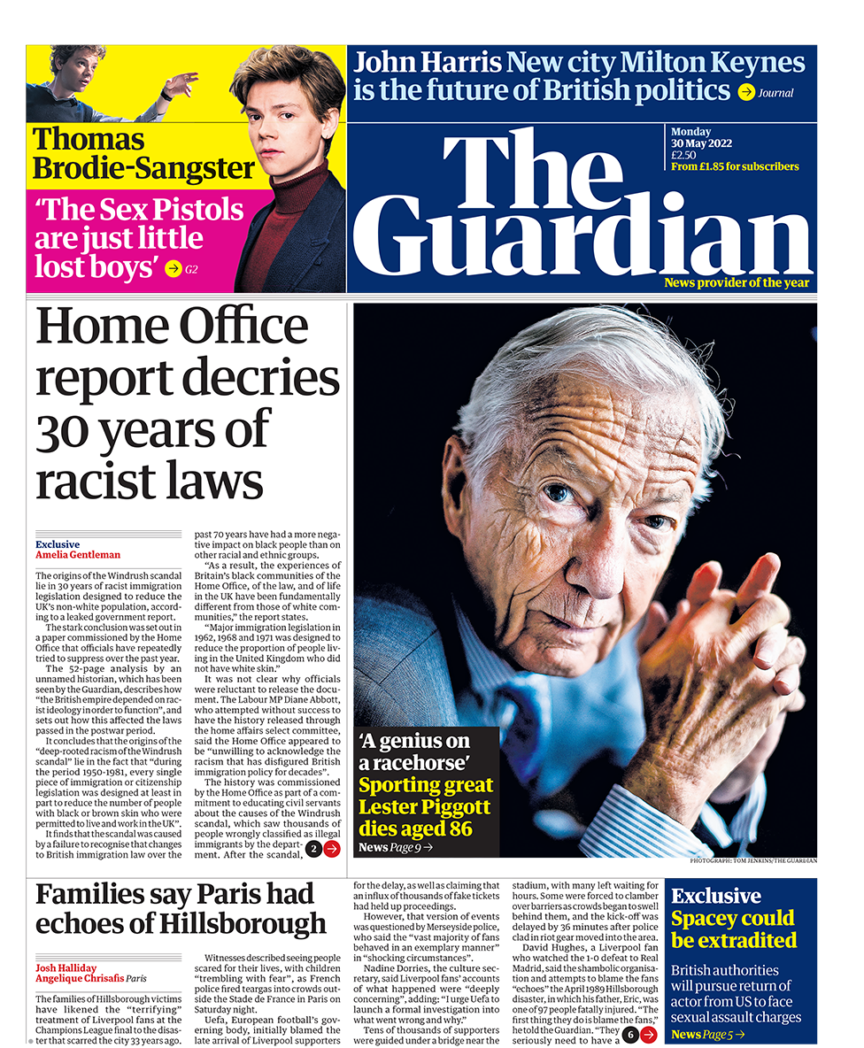 The headline in the Guardian reads 'Home Office report decries 30 years of racist laws'