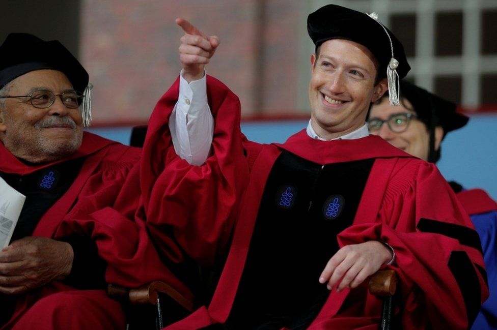 Zuckerberg, seated beside actor James Earl Jones, received an honorary Doctor of Laws degree