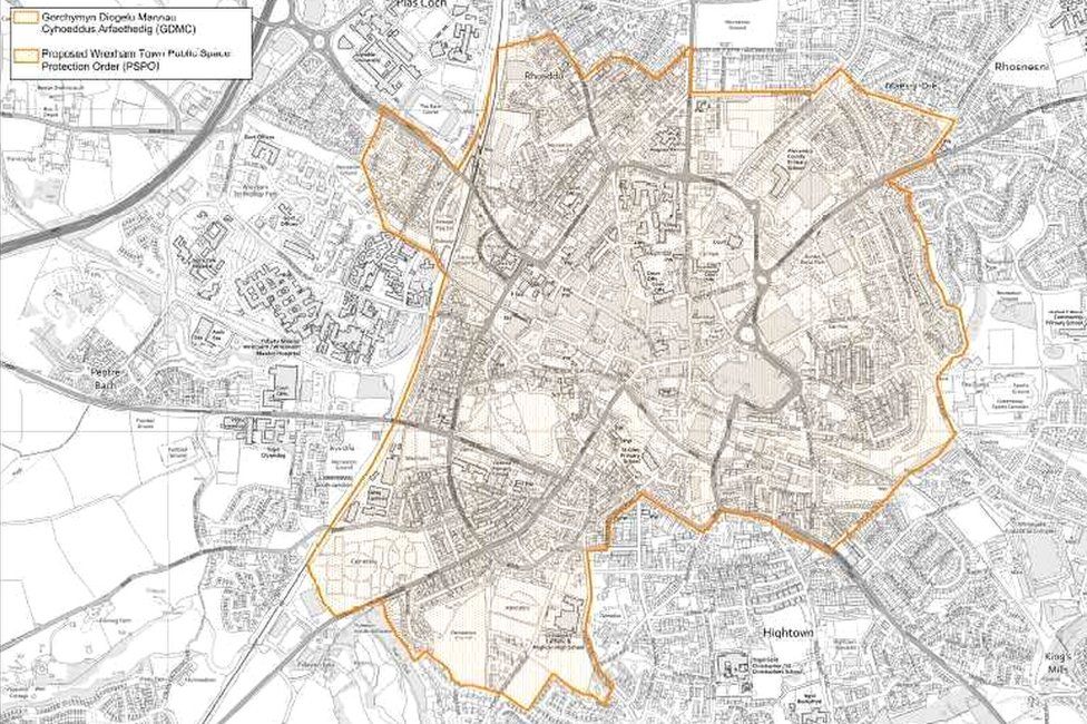 Map showing area covered by proposed public spaces protection order for Wrexham